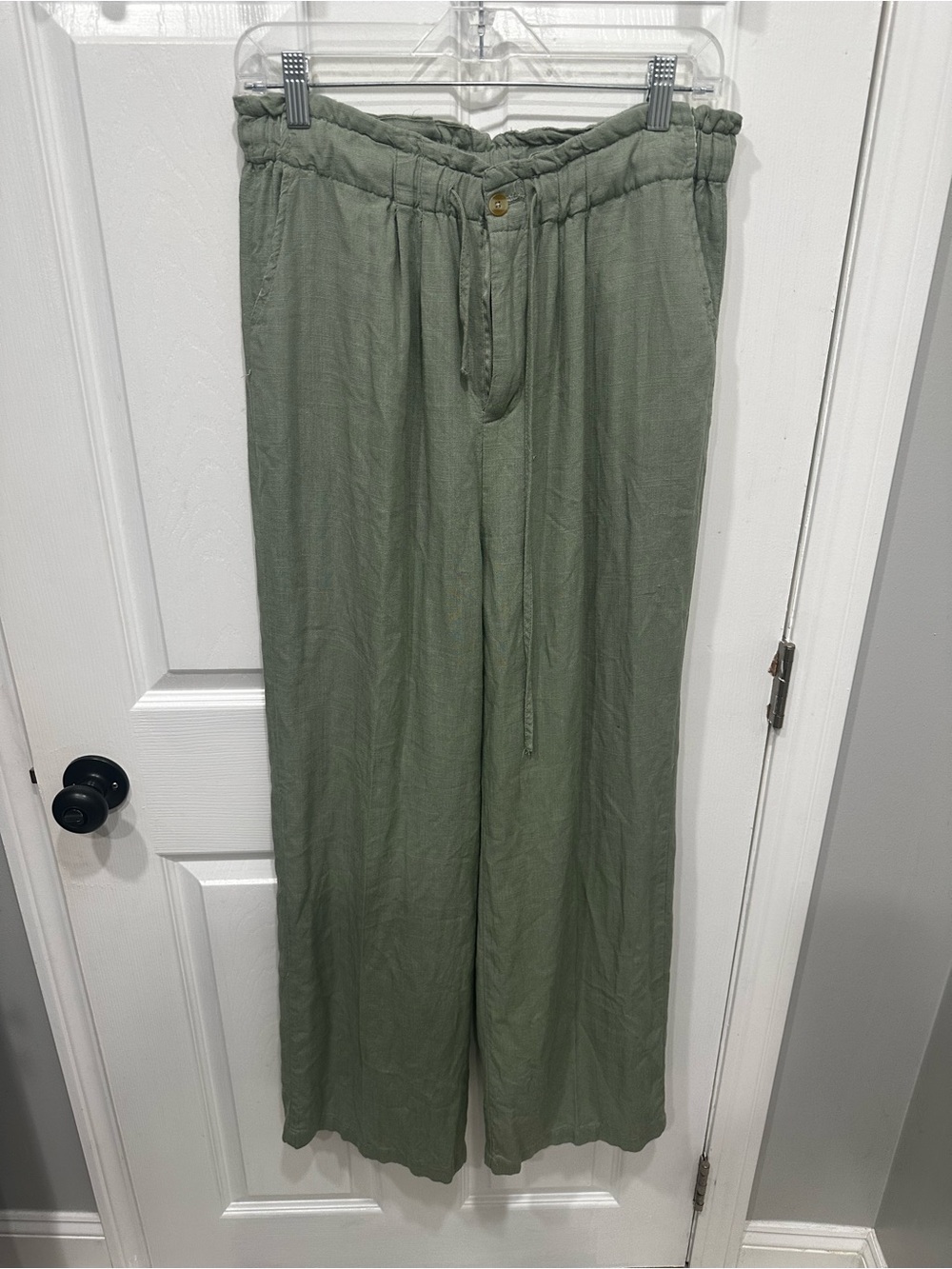 Thread & Supply Olive Drawstring Linen-Blend Wide-Leg Pants